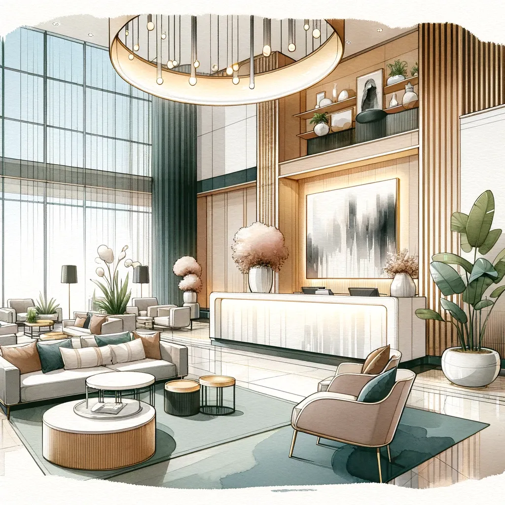 a watercolor image of a hotel lobby