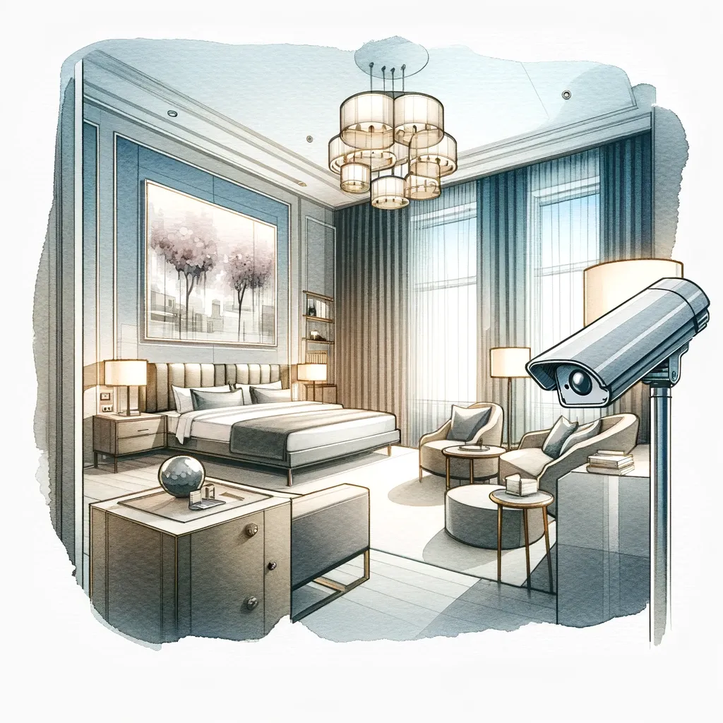 a watercolor imagine of a hotel room with a surveillance camera