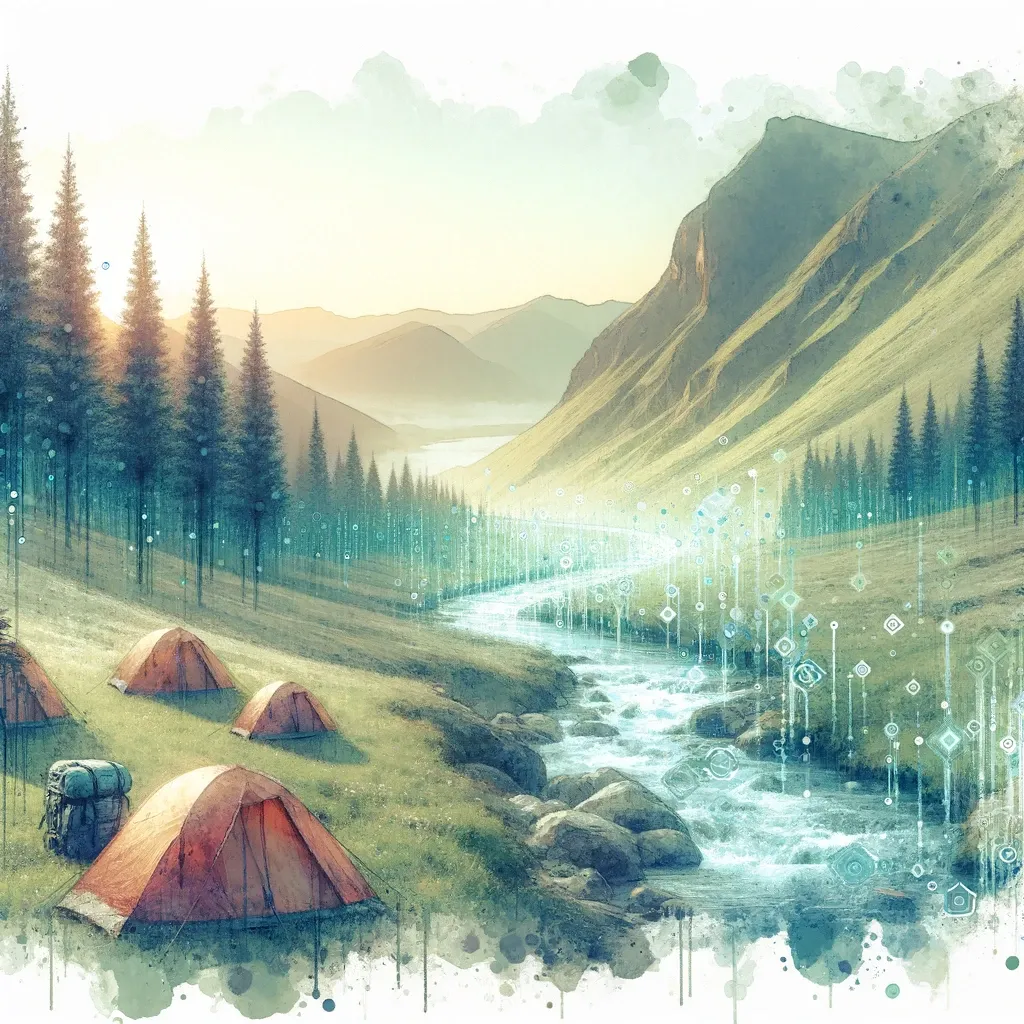 a mountain meadow with tents set up beside a stream, with digital bit streams filling the air like a misty fog