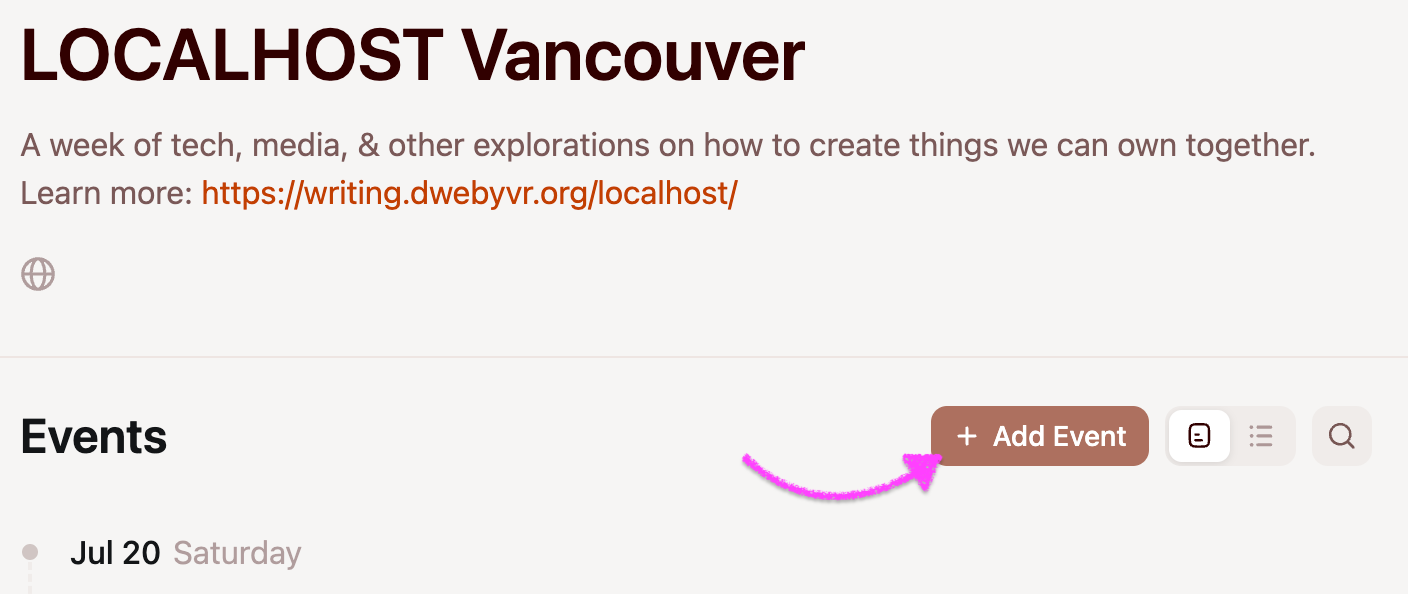 screencap of the LOCALHOST Luma calendar with an arrow pointing to the ADD EVENT button