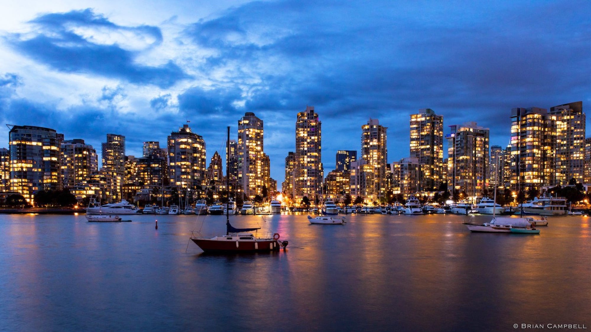 Vancouver skyline from a marina at dusk