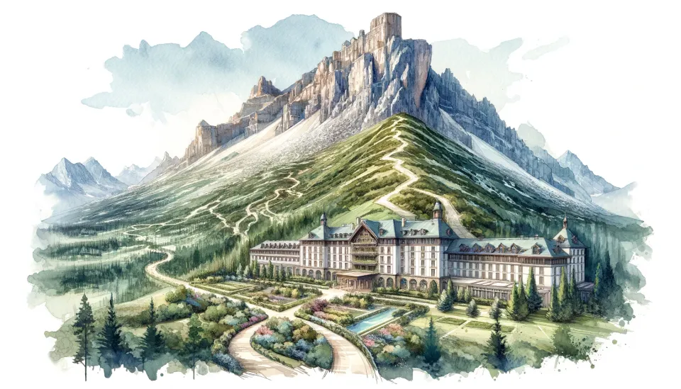 a large hotel at the base of a mountain with winding hiking trails